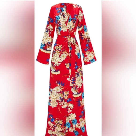 Red Floral Print Kimono Maxi Dress - Picture 3 of 4